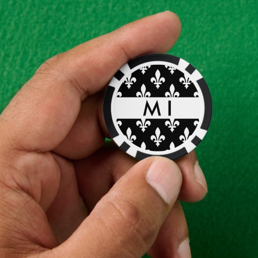 Fleur de Lis, Wit op Zwart, Wit, Uw Naam Poker Chips (Hand)