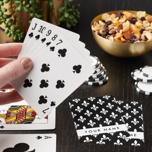 Fleur de Lis, Wit op Zwart, Wit, Uw Naam Pokerkaarten (Insitu)