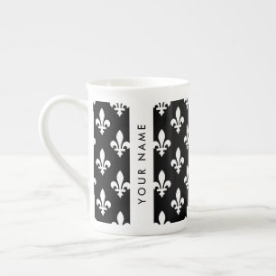 Fleur de Lis, Wit op Zwart, Wit, Uw Naam Porselein Kop