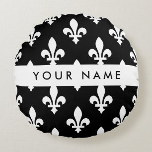 Fleur de Lis, Wit op Zwart, Wit, Uw Naam Rond Kussen