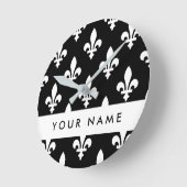 Fleur de Lis, Wit op Zwart, Wit, Uw Naam Ronde Klok (Hoek)