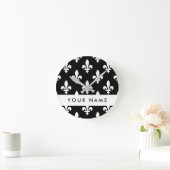 Fleur de Lis, Wit op Zwart, Wit, Uw Naam Ronde Klok (Huis)