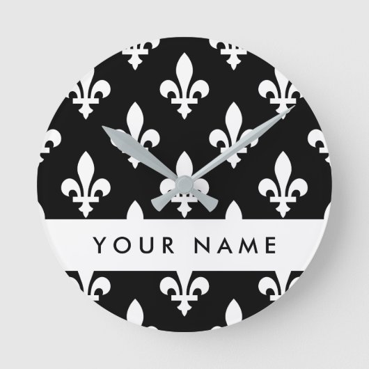 Fleur de Lis, Wit op Zwart, Wit, Uw Naam Ronde Klok (Voorkant)
