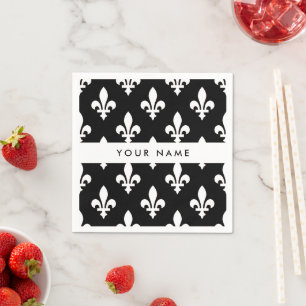 Fleur de Lis, Wit op Zwart, Wit, Uw Naam Servet