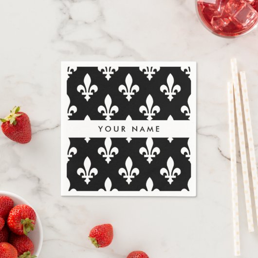 Fleur de Lis, Wit op Zwart, Wit, Uw Naam Servet (Insitu)