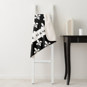 Fleur de Lis, Wit op Zwart, Wit, Uw Naam Sherpa Deken