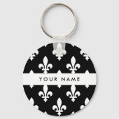 Fleur de Lis, Wit op Zwart, Wit, Uw Naam Sleutelhanger (Voorkant)