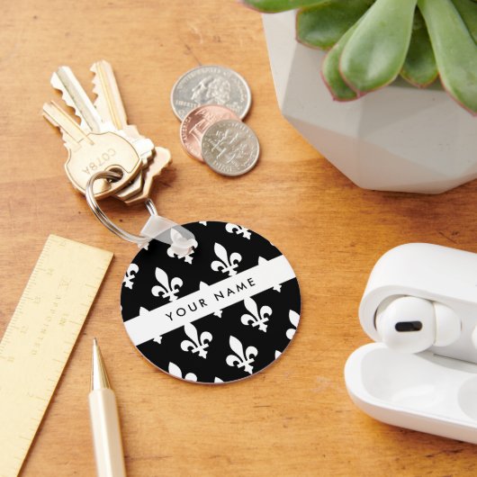 Fleur de Lis, Wit op Zwart, Wit, Uw Naam Sleutelhanger (Bureau)