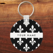 Fleur de Lis, Wit op Zwart, Wit, Uw Naam Sleutelhanger (Voorkant)