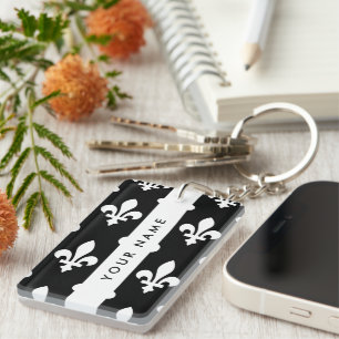 Fleur de Lis, Wit op Zwart, Wit, Uw Naam Sleutelhanger