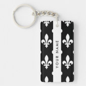 Fleur de Lis, Wit op Zwart, Wit, Uw Naam Sleutelhanger (Voorkant)