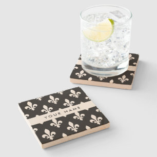 Fleur de Lis, Wit op Zwart, Wit, Uw Naam Stenen Onderzetter