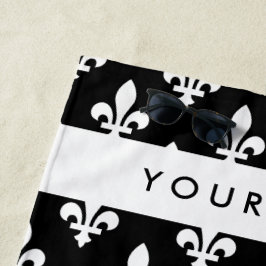 Fleur de Lis, Wit op Zwart, Wit, Uw Naam Strandlaken