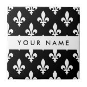 Fleur de Lis, Wit op Zwart, Wit, Uw Naam Tegeltje (Voorkant)