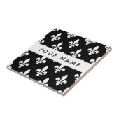 Fleur de Lis, Wit op Zwart, Wit, Uw Naam Tegeltje (Zijkant)