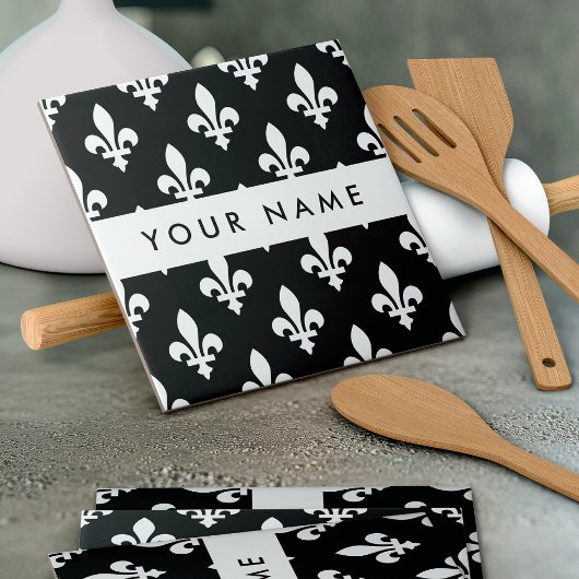 Fleur de Lis, Wit op Zwart, Wit, Uw Naam Tegeltje