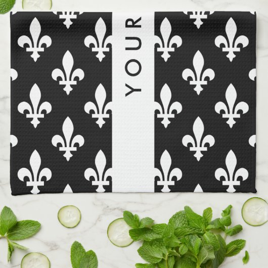 Fleur de Lis, Wit op Zwart, Wit, Uw Naam Theedoek (Gevouwen)
