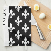 Fleur de Lis, Wit op Zwart, Wit, Uw Naam Theedoek (Quarter Fold)