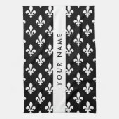 Fleur de Lis, Wit op Zwart, Wit, Uw Naam Theedoek (Verticaal)