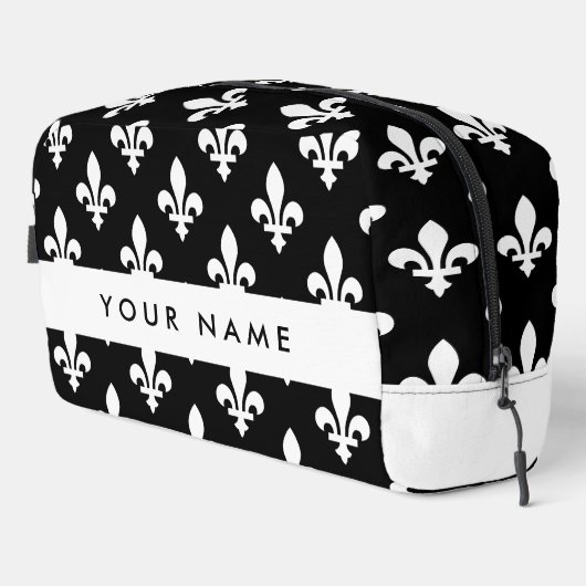 Fleur de Lis, Wit op Zwart, Wit, Uw Naam Toilettasje (Rechterhoek)