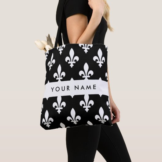 Fleur de Lis, Wit op Zwart, Wit, Uw Naam Tote Bag (Dichtbij)