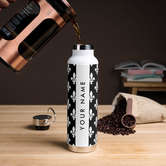 Fleur de Lis, Wit op Zwart, Wit, Uw Naam Waterfles (Koffie)