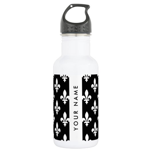 Fleur de Lis, Wit op Zwart, Wit, Uw Naam Waterfles (Voorkant)