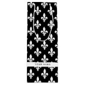 Fleur de Lis, Wit op Zwart, Wit, Uw Naam Wijn Cadeautas (Voorkant)