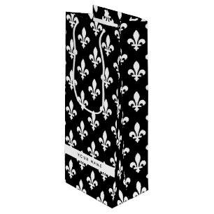 Fleur de Lis, Wit op Zwart, Wit, Uw Naam Wijn Cadeautas