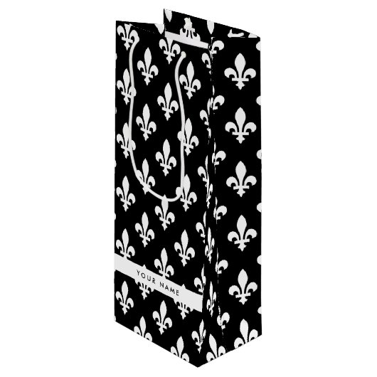 Fleur de Lis, Wit op Zwart, Wit, Uw Naam Wijn Cadeautas (Voorkant Gekanteld)