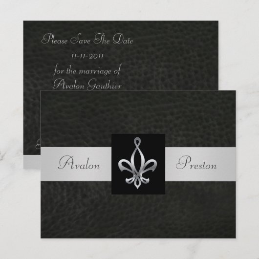 Fleur de Lis Zwart Leer Save the Date Briefkaart (Voorkant / Achterkant)