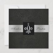 Fleur De Lis Zwart Nep Leer Monogram Uitnodiging (Voorkant)