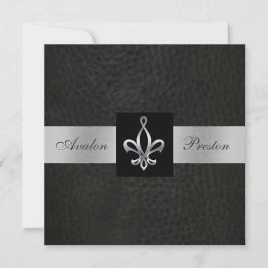 Fleur De Lis Zwart Nep Leer Monogram Uitnodiging (Voorkant)