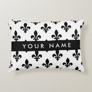 Fleur de Lis, Zwart op Wit, Zwart, Uw Naam Accent Kussen