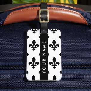 Fleur de Lis, Zwart op Wit, Zwart, Uw Naam Bagagelabel