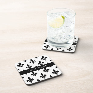 Fleur de Lis, Zwart op Wit, Zwart, Uw Naam Bier Onderzetter