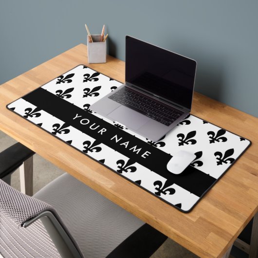 Fleur de Lis, Zwart op Wit, Zwart, Uw Naam Bureaumat (Kantoor 2)