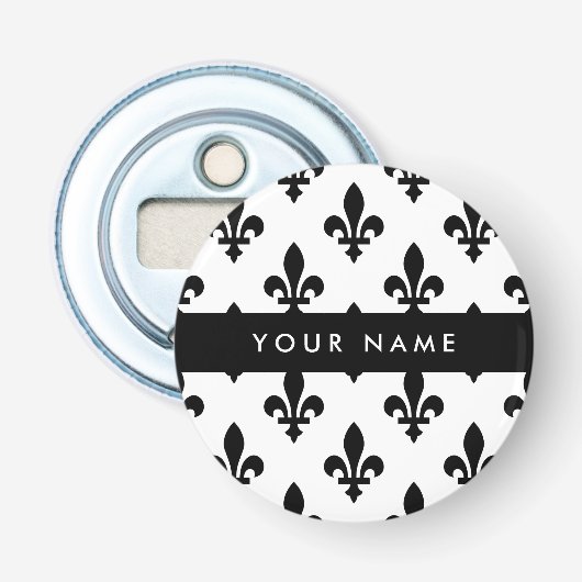 Fleur de Lis, Zwart op Wit, Zwart, Uw Naam Button Flesopener (Voorkant)