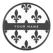 Fleur de Lis, Zwart op Wit, Zwart, Uw Naam Hockey Puck (Voorkant)