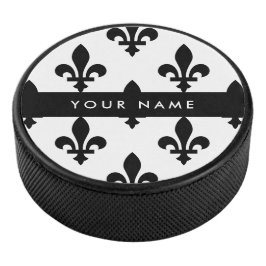 Fleur de Lis, Zwart op Wit, Zwart, Uw Naam Hockey Puck