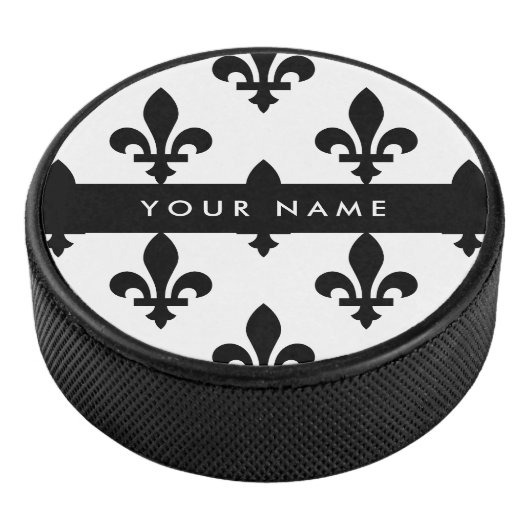 Fleur de Lis, Zwart op Wit, Zwart, Uw Naam Hockey Puck (3/4)