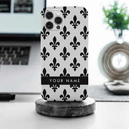 Fleur de Lis, Zwart op Wit, Zwart, Uw Naam iPhone 15 Pro Max Case