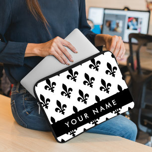 Fleur de Lis, Zwart op Wit, Zwart, Uw Naam Laptop Sleeve