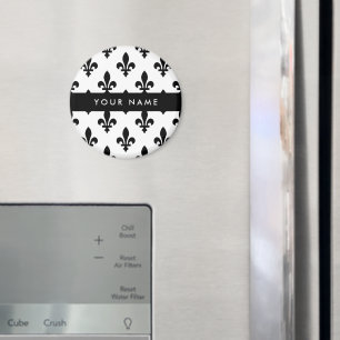 Fleur de Lis, Zwart op Wit, Zwart, Uw Naam Magneet