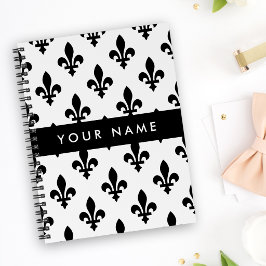 Fleur de Lis, Zwart op Wit, Zwart, Uw Naam Notitieboek