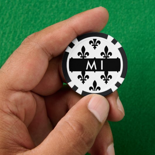 Fleur de Lis, Zwart op Wit, Zwart, Uw Naam Poker Chips (Hand)