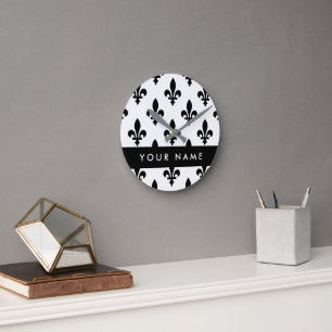 Fleur de Lis, Zwart op Wit, Zwart, Uw Naam Ronde Klok