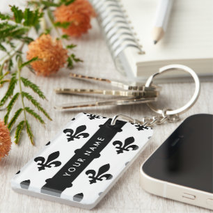 Fleur de Lis, Zwart op Wit, Zwart, Uw Naam Sleutelhanger