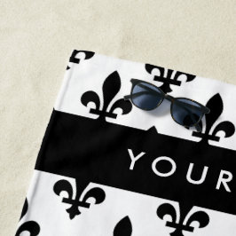 Fleur de Lis, Zwart op Wit, Zwart, Uw Naam Strandlaken