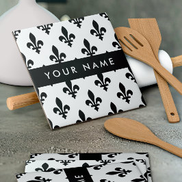Fleur de Lis, Zwart op Wit, Zwart, Uw Naam Tegeltje